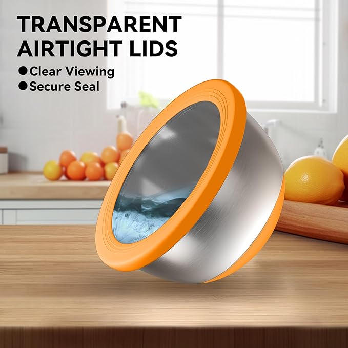 KITEISCAT Stainless Steel Mixing Bowls with Lids – Set of 5 Large Nesting Metal Bowls for Kitchen, Baking, Cooking, Food Prep & Storage, Non-Slip Base, Dishwasher Safe,Orange - Image 3