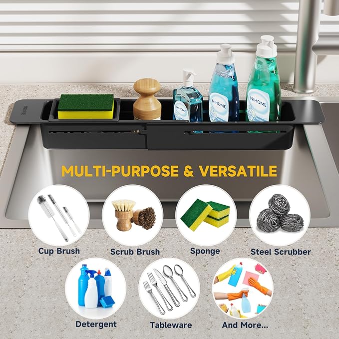 NiHome Extendable Sink Kitchen Organizer, Extra Long Telescopic Brush Storage Rack for Sponge, Non-Slip Pads Expandable Sink Caddy, Adjustable Sponge/Brush Rack with Drainage Durable ABS (Black) - Image 7