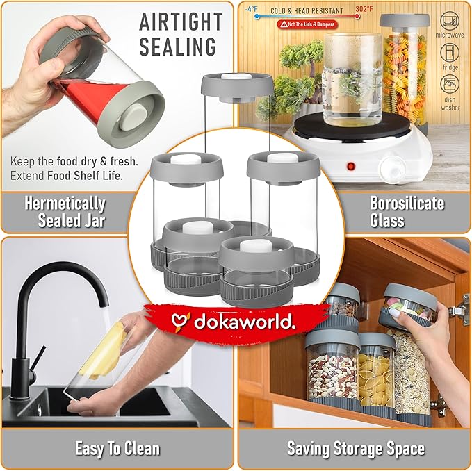 Glass Canisters Set - Kitchen Leakproof Seal Food Storage Jars - Coffee Bean Container - Pack of 5 Glass Canisters With Vacuum Airtight Lids for Cereal, Pet Treats, Nuts, Candy - Image 6
