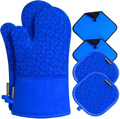 Oven Mitts and Pot Holders Sets 6pcs, Kitchen Oven Glove,High Heat Resistant 550 Degree Extra Long Oven Mitts and Potholders with Non-Slip Silicone Surface for Home Essentials (Grey) (Navy Blue) by OvenMitts