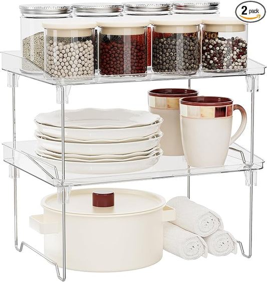 STARLATTA 2 Pcs Cabinet Organizer Shelf, Stackable Kitchen Counter Shelves, Spice Rack,Countertop Organizers, Clear Plastic Storage Shelves Rack for Makeup,Bathroom,Cupboard,Desk,Pantry Organization by STARLATTA