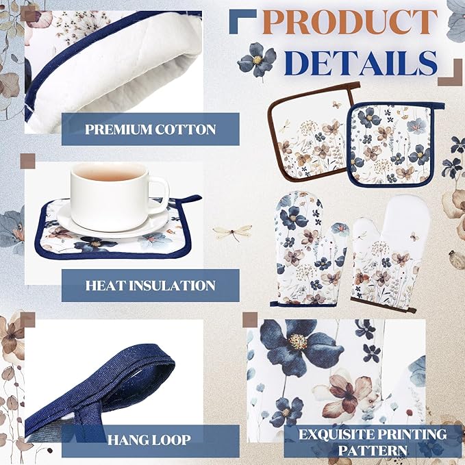 Teenyyou 6 Pcs Spring Brown Poppy Floral Kitchen Towels Oven Mitts and Pot Holder Sets Farmhouse Summer Wildflower Decoration for Home Cleaning Daily Kitchen Cooking Baking Grilling Gifts for Mother - Image 3