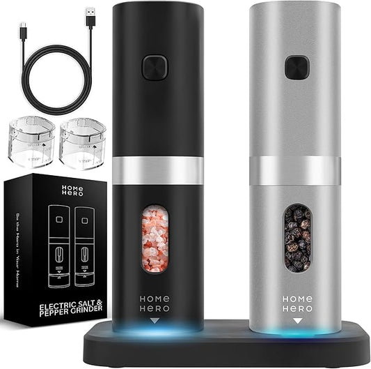 Home Hero Electric Salt and Pepper Grinder Set - Automatic Salt and Pepper Grinder Set Rechargeable. Electronic Salt and Pepper Shakers with LED Light, Electric Pepper & Salt Grinder, Set of 2 by HomeHero