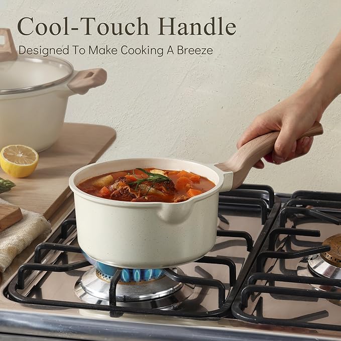 CAROTE 1.5Qt & 3.0Qt Sauce Pan Sets with Lid Cooking Pots Nonstick Saucepans Cookware Set with Pour Spout Small Kitchen Pot, Induction Comptable, Easy to Clean, PFOA FREE (White Granite) - Image 6