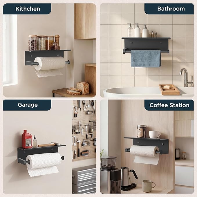 FORIOUS Paper Towel Holder with Shelf, SUS304 Stainless Steel Paper Towel Holder with Storage Shelf, Wall Mount Screw Paper Roll Organizer Commercial Paper Hand Towel Dispensers, Mattle Black - Image 7
