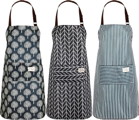 SATINIOR 3 Pieces Waterproof Bib Apron with 2 Pockets Adjustable Cooking Kitchen Apron for Women Men Chef BBQ Baking Cleaning