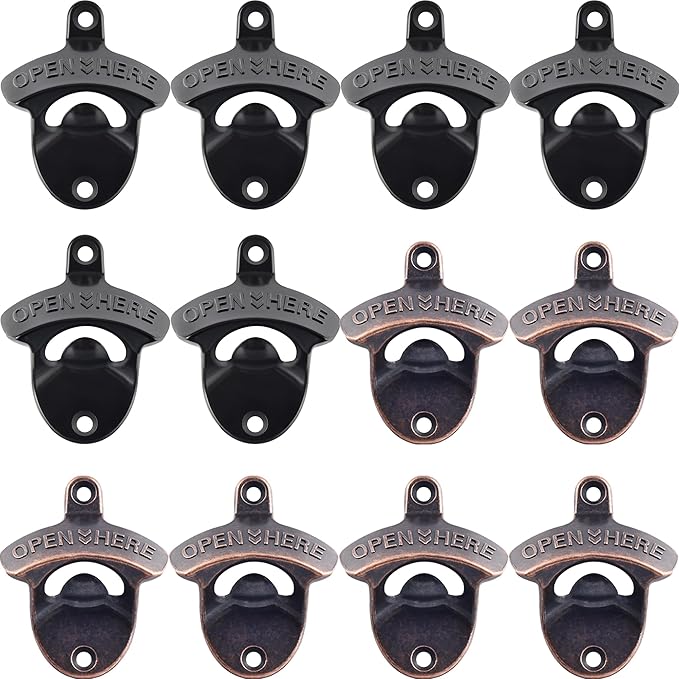 12 Packs Antique Copper Wall Mount Bottle Opener Bulk, Old Fashioned Beer Top Opener Mountable, Rustproof Screw in Wall Soda Bottle Cap Opener Black for Wood Board Caddy