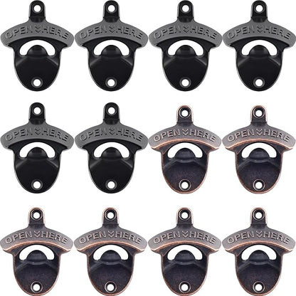 12 Packs Antique Copper Wall Mount Bottle Opener Bulk, Old Fashioned Beer Top Opener Mountable, Rustproof Screw in Wall Soda Bottle Cap Opener Black for Wood Board Caddy