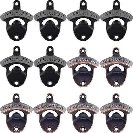 12 Packs Antique Copper Wall Mount Bottle Opener Bulk, Old Fashioned Beer Top Opener Mountable, Rustproof Screw in Wall Soda Bottle Cap Opener Black for Wood Board Caddy
