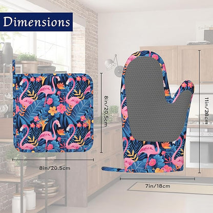 Oven Mitts and Pot Holders Sets Flamingo Tropical Flower Silicone Kitchen Mits Potholders Summer Palm Leaf Heat Resistant 4Pcs Oven Gloves Hot Pads for Baking Cooking BBQ Grilling Home Decor