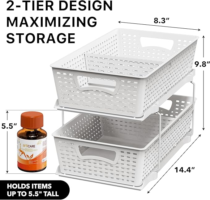 Simple Houseware 2 Tier Bathroom Organizer Tray Pull-Out Sliding Drawer, Under Sink Storage, White - Image 2
