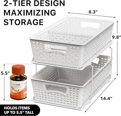 Simple Houseware 2 Tier Bathroom Organizer Tray Pull-Out Sliding Drawer, Under Sink Storage, White - Image 2