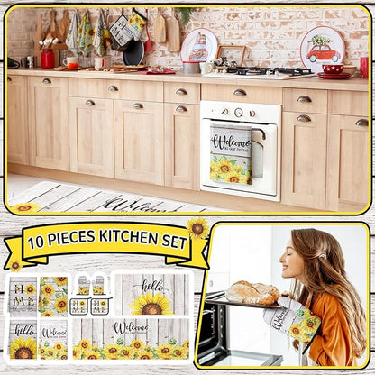 Fourluoo 10 Pcs Farmhouse Sunflower Kitchen Decor Set Sunflower Kitchen Towels and Rugs Oven Mitts Pot Holders for Cooking Baking Grilling Gift