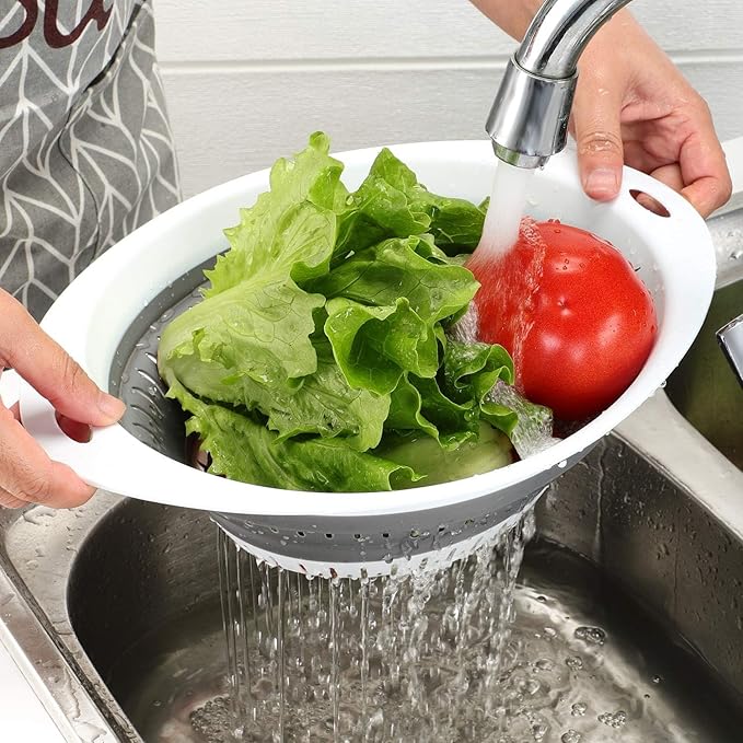 Collapsible Colander Set, Square Round Triangles Silicone Kitchen Strainer Perfect for Draining Pasta Vegetable fruit 2 PCS (Gray&Blue, 12"L x 9.5"W x 2.3"H) - Image 7