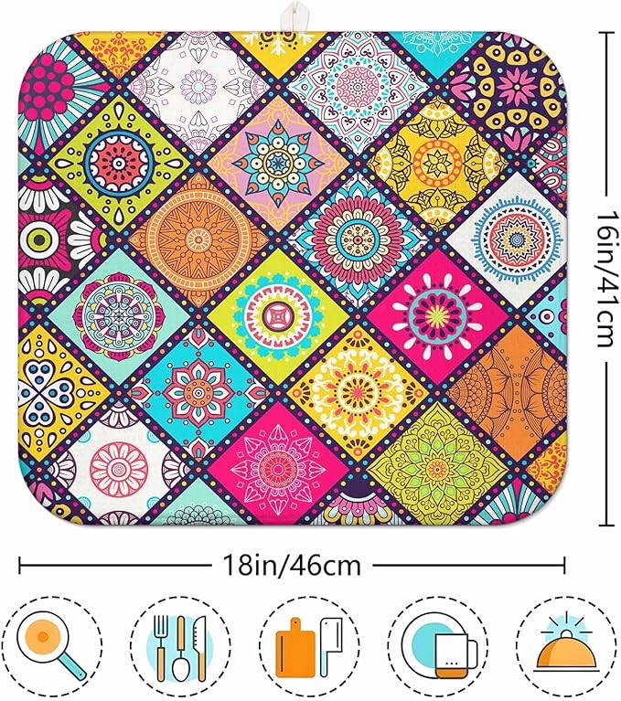 Boho Drying Mat 16" X 18" Abstract Plaid Kitchen Counter Stone Large Dish Drying Mats For Kitchen Colorful Drying Mats For Home Counter Flower Drying Mats For Dishes Dish Table Mat Drying Kitchen Mat - Image 5
