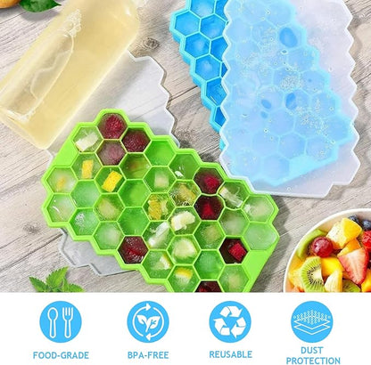2 Pack Honeycomb Ice Cube Trays for Freezer Microwave(Blue and Green), Silicone Ice Cube Tray with Lid, 37 Hexagonal Silicone Molds, Reusable Ice Cube Mold for Whiskey, Cocktails, Homemade Cold Drinks