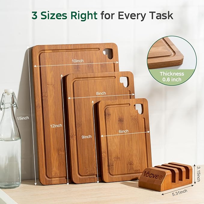 Bamboo Cutting Boards for Kitchen(Set of 3), Wood Cutting Board with Wood Storage Stand, Charcuterie & Chopping Board for Vegetables and Meat, with Deep Juice Groove, Ideal Kitchen Gifts - Image 2