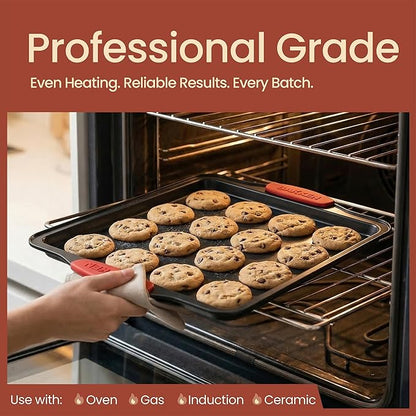 Baking Pan Set – 3 Piece Cookie Sheet – Deluxe Black Non-Stick Carbon Steel – Silicone Handles – Commercial Grade Restaurant Quality – PFOA PFOS and PTFE Free by Bakken - Image 3
