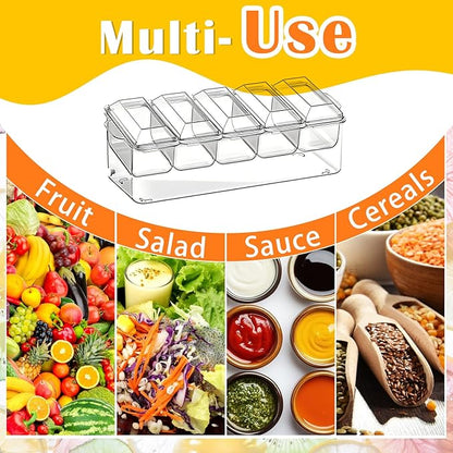 ARSTPEOE Condiment Tray, Chilled Condiment Server for Home, Party, Celebration, Bar Garnish Holder on Ice, Bar Accessories Fruit and Salad with Removable Trays and Lids (5 Spoons & 2 Tongs)