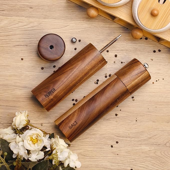 XWXO 2 Pack Acacia Wooden Salt and Pepper Grinder Set 8 Inches Refillable Salt and Pepper Mills Adjustable Coarseness, Acacia Wood with Ceramic Core Peppercorn Shaker Tableware Birthday Gifts - Image 3