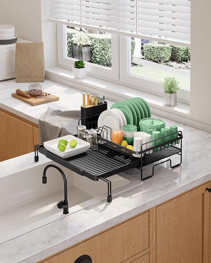 Kitsure Extendable Dish Drying Rack - Adjustable Length 12.8"–21.0", Auto-Draining Dish Rack for Kitchen Counter, Rust-Resistant Metal Frame Over-Sink Support for Plates, Bowls & Utensils, Black - Image 7