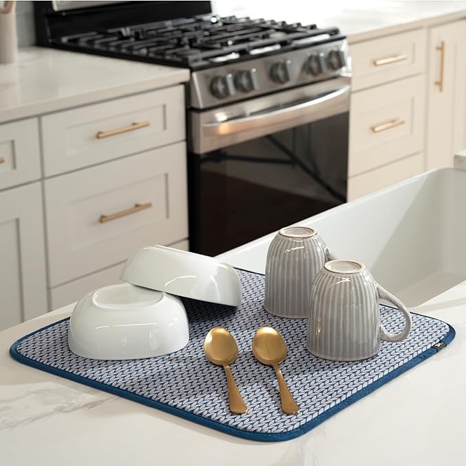 S&T INC. Dish Drying Mat, 16” x 18”, Absorbent Microfiber Kitchen Counter Mat, Dish Drying Pad for Dishes, Utensils, Pots and Pans, Large, Blue Stockinette - Image 2