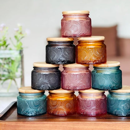 4 oz Amber Mini Glass Jars with Airtight Bamboo Lids 12 pack, Decorative Small Food Storage Canister, Vintage Embossed Home Décor Candle Parties Wedding Baby Shower Favors Gift