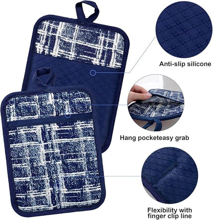Alselo Oven Mitts and Pot Holders with Cooking Apron,Set of 5 Heat Resistant Kitchen Gloves and Silicone Non-Slip Potholders Adjustable Neck Buckle Chef Apron, Cotton Nice Design for Cooking (Navy)