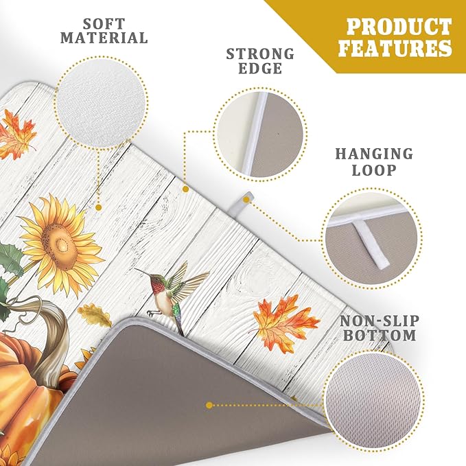 Fall Sunflower Maple Leaves Dish Drying Mat for Kitchen Counter Autumn Harvest Pumpkin Dish Drying Mat 16”x18” Thanksgiving Dishes Pad Dish Drainer Rack Mats Absorbent Fast Dry Kitchen Accessories