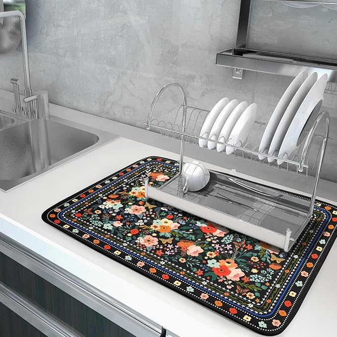 Floral Microfiber Dish Drying Mat Large Absorbent Dish Drainer Rack Pad for Kitchen Counter - Image 5