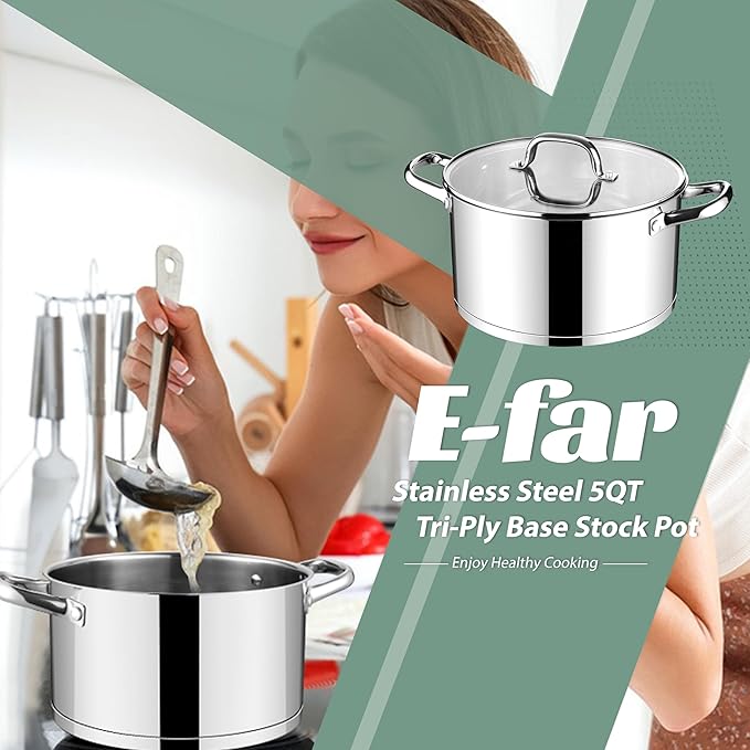 E-far Stainless Steel Stockpot, 5 Quart Pot with Glass Lid for Soup Pasta, Induction Nontoxic Cooking Pot for All Stoves, Thick Tri-Ply Bottom & Double Riveted Handle, Oven & Dishwasher Safe - Image 7