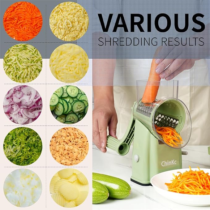 Upgrade Rotary Cheese Grater Shredder with Handle, Strong Suction Base, Multi-purpose Rotary Grater Slicer with 5 Interchangeable Blades for Ice, Vegetables, Fruit, Nuts with Blade Storage Box - Image 4