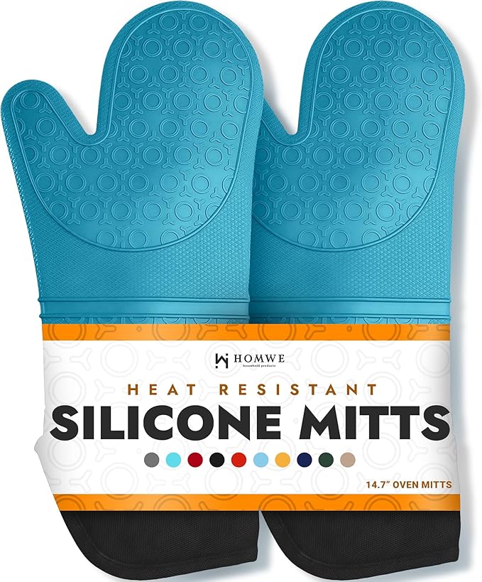 BPA-Free Soft Silicone Oven Mitts - Ultra Heat Resistant Oven Mitts with Thick Cotton Liner - Extra Long Slip Resistant Pot Holders, Flexible Oven Gloves - Aqua/Black 14.7" by HOMWE