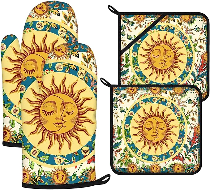 Sun and Moon Oven Mitts and Pot Holders Sets 4Pcs,Extra Long Oven Gloves Potholder for Kitchen Cooking Baking BBQ 100% Cotton Heat Resistant by VisittheDuibelproduct