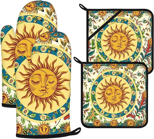 Sun and Moon Oven Mitts and Pot Holders Sets 4Pcs,Extra Long Oven Gloves Potholder for Kitchen Cooking Baking BBQ 100% Cotton Heat Resistant by VisittheDuibelproduct