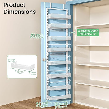 8 Tiers Over the Door Organizer - Height Adjustable Pantry Organizers and Storage with Dense Mesh Baskets, Anti-Swing Hanging Door Spice Rack for Kitchen Bathroom (White, 12.3"W x 4.7"D x 69"H) - Image 2