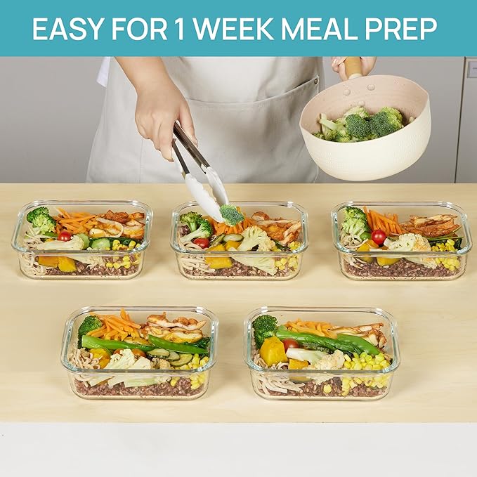 Vtopmart 5 Pack 35oz Glass Food Storage Containers with Lids, Meal Prep Containers, Airtight Reusable Lunch Container Set, Safe for Oven, Microwave, Freezer, and Dishwasher, Grey - Image 3