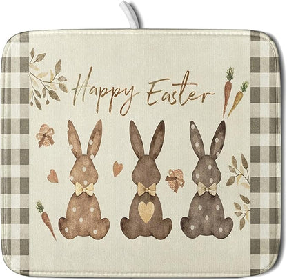 Giwawa Happy Easter Dish Drying Mat for Countertop, 16"x18" Cute Bunny Rabbits Eggs Carrot Dish Drainer Mats, Bufflao Plaids Fast Dry Microfiber Large Dish Drying Pad Kitchen Accessories Decor