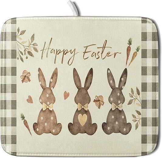 Giwawa Happy Easter Dish Drying Mat for Countertop, 16"x18" Cute Bunny Rabbits Eggs Carrot Dish Drainer Mats, Bufflao Plaids Fast Dry Microfiber Large Dish Drying Pad Kitchen Accessories Decor