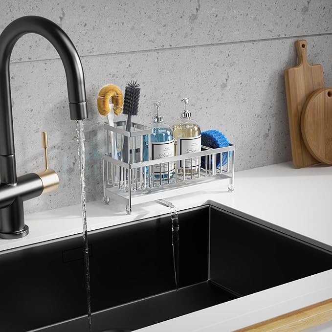 Moforoco Larger Version Sponge Holder for Kitchen Sink, Sink Caddy with High Brush Holder, Kitchen Sink Organizer Countertop Rustproof 304 Stainless Steel (Stainless Steel) - Image 6