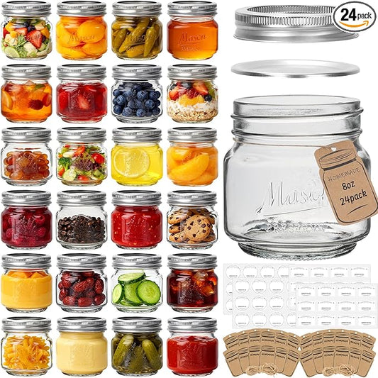 Eathtek 8 oz Glass Mason Jars with Regular Lids, 24 Pack 240 ml Canning Jars With Labels, Tags & Twine for Jam Jelly Spice Honey Herbs, Shower Favors Food Storage Wedding & Party Decor