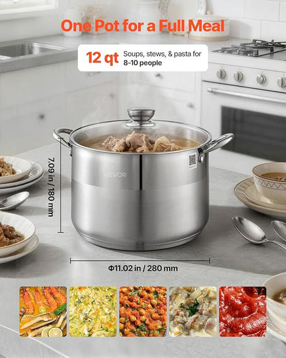 VEVOR Stainless Steel Stock Pot, 12QT Stainless Steel Stockpot with Glass Lid, PFOA-Free, PFAS-Free, Compatible with Gas Stoves, Induction Cooktops, Electric Stoves, for Soups, Stews, and Pasta - Image 5