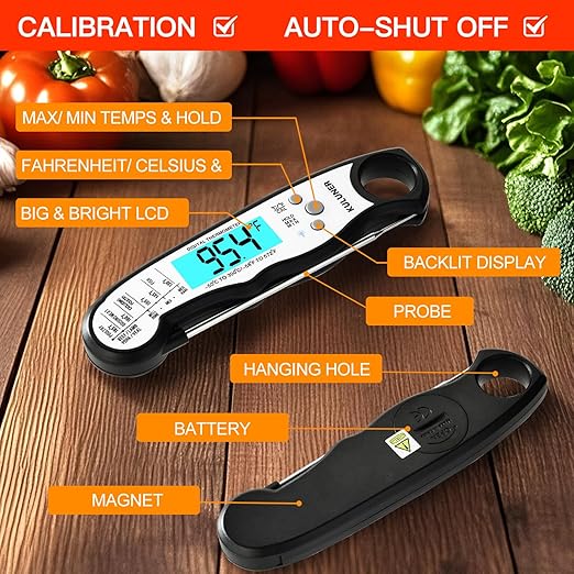 KULUNER TP-01 Waterproof Digital Instant Read Meat Thermometer with 4.6 Folding Probe Backlight Calibration Function for Cooking Food Candy, BBQ Grill, Liquids,Beef(White) - Image 4