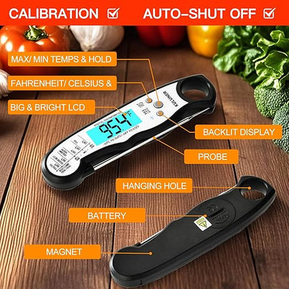 KULUNER TP-01 Waterproof Digital Instant Read Meat Thermometer with 4.6 Folding Probe Backlight Calibration Function for Cooking Food Candy, BBQ Grill, Liquids,Beef(White) - Image 4