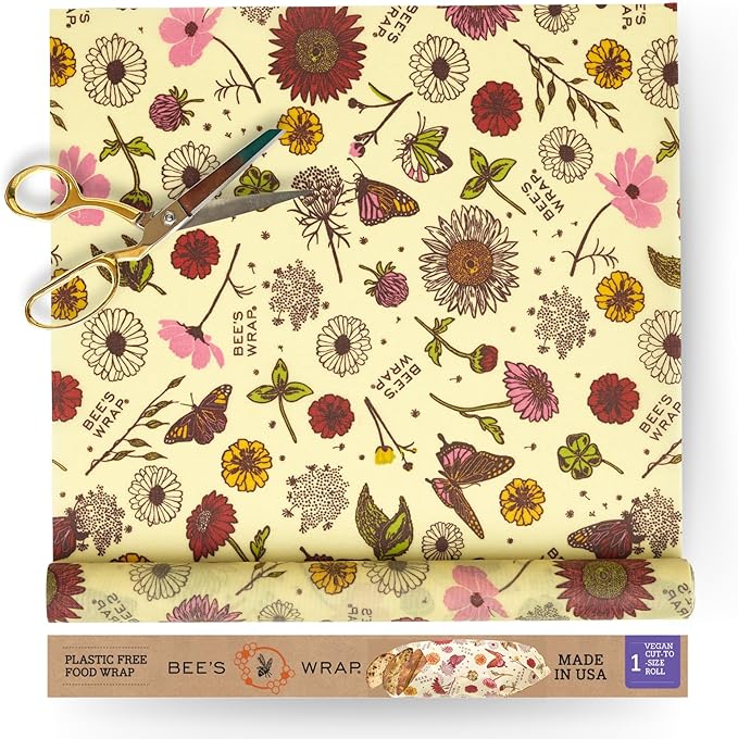 Bee's Wrap Vegan Beeswax Wraps for Food - Cut to Size 14x52" Beeswax Wrap Roll - Plastic Free Made in USA Reusable Natural Food Wrap - Meadow Magic by BeesWrap