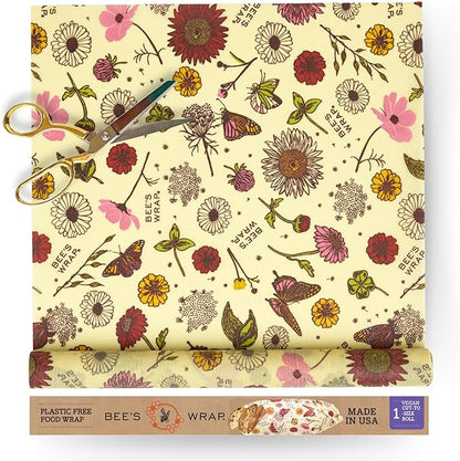 Bee's Wrap Vegan Beeswax Wraps for Food - Cut to Size 14x52" Beeswax Wrap Roll - Plastic Free Made in USA Reusable Natural Food Wrap - Meadow Magic by BeesWrap