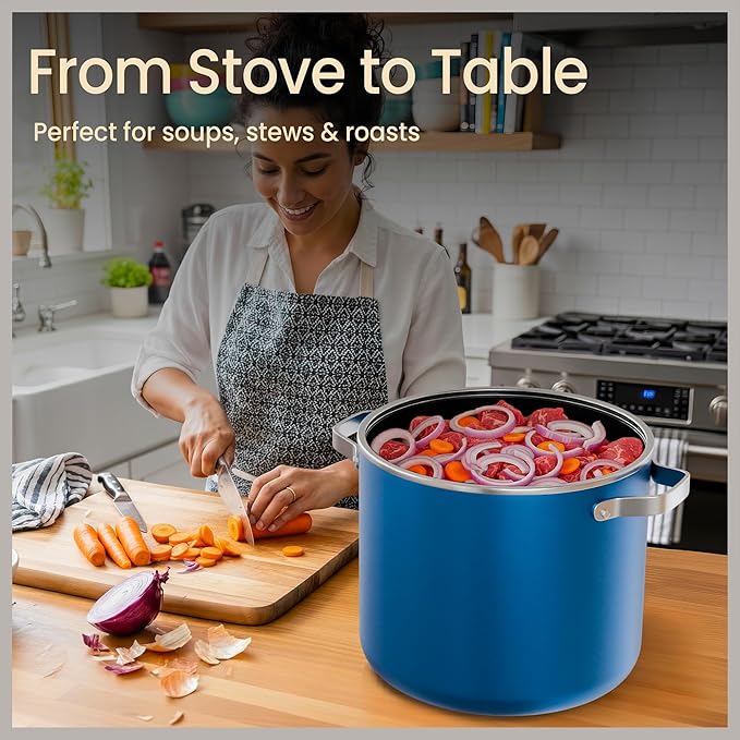Bakken 12.5 Quart Ceramic Coated Stock Pot with Lid, Easy Clean Nonstick Pot, Tempered Glass Lid, Riveted Stainless Steel Handles, Oven Safe Up To 500°F, PTFE & PFAS Free, All Stove Compatible, Blue - Image 5