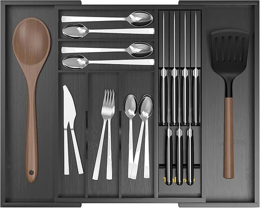 Bamboo Kitchen Drawer Organizer, Expandable Silverware Organizer with Removable Knife Block, 6-8 Slots- Utensil Holder & Cutlery Tray Drawer Dividers, 2.36" Deep for Extra Capacity, Black