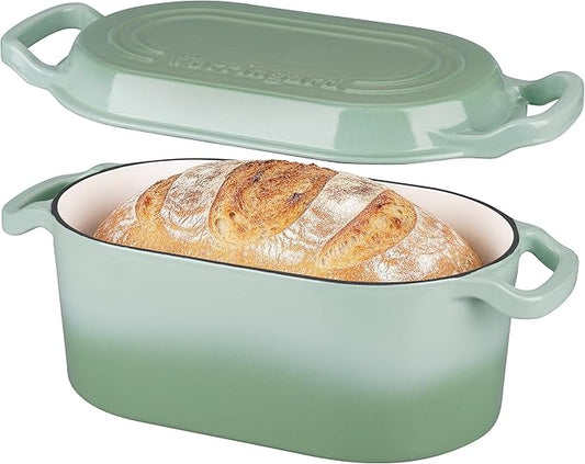 VORRINGARD Oval Dutch Oven Pot with Lid, Enamel Coating Cast Iron Bread Pans for Homemade Sourdough Bread Baking, Cooking, 4 Quart, Green