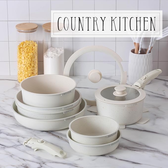 Country Kitchen Cookware Set with Removable Handle, Oven & RV Safe Pots and Pans Set, Cream, Deluxe Larger Set - Image 2